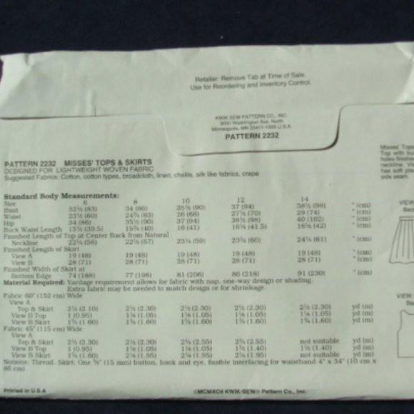 KWIK-Sew 2232 Misses' Top & Skirt UNCUT NWOT (#567) - Picture 2 of 2